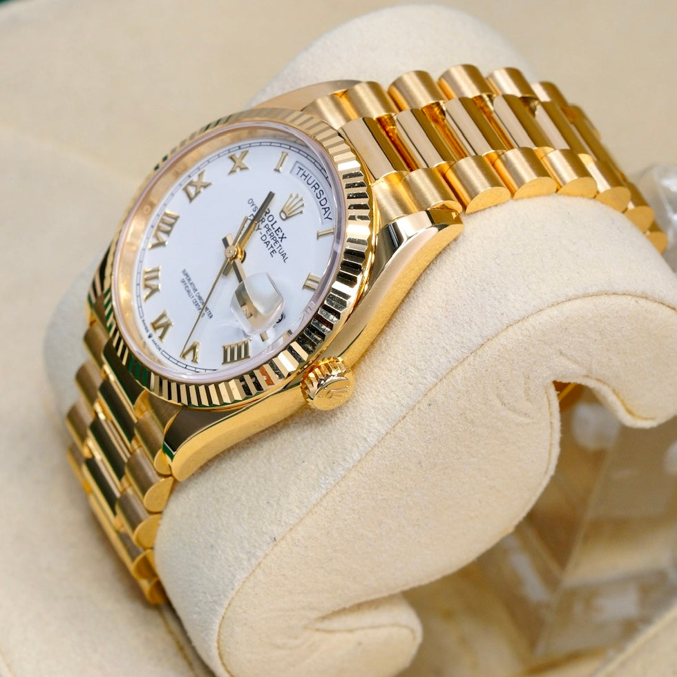 Rolex Day-Date 128238 White Roman Dial Yellow Gold President 36mm 2021