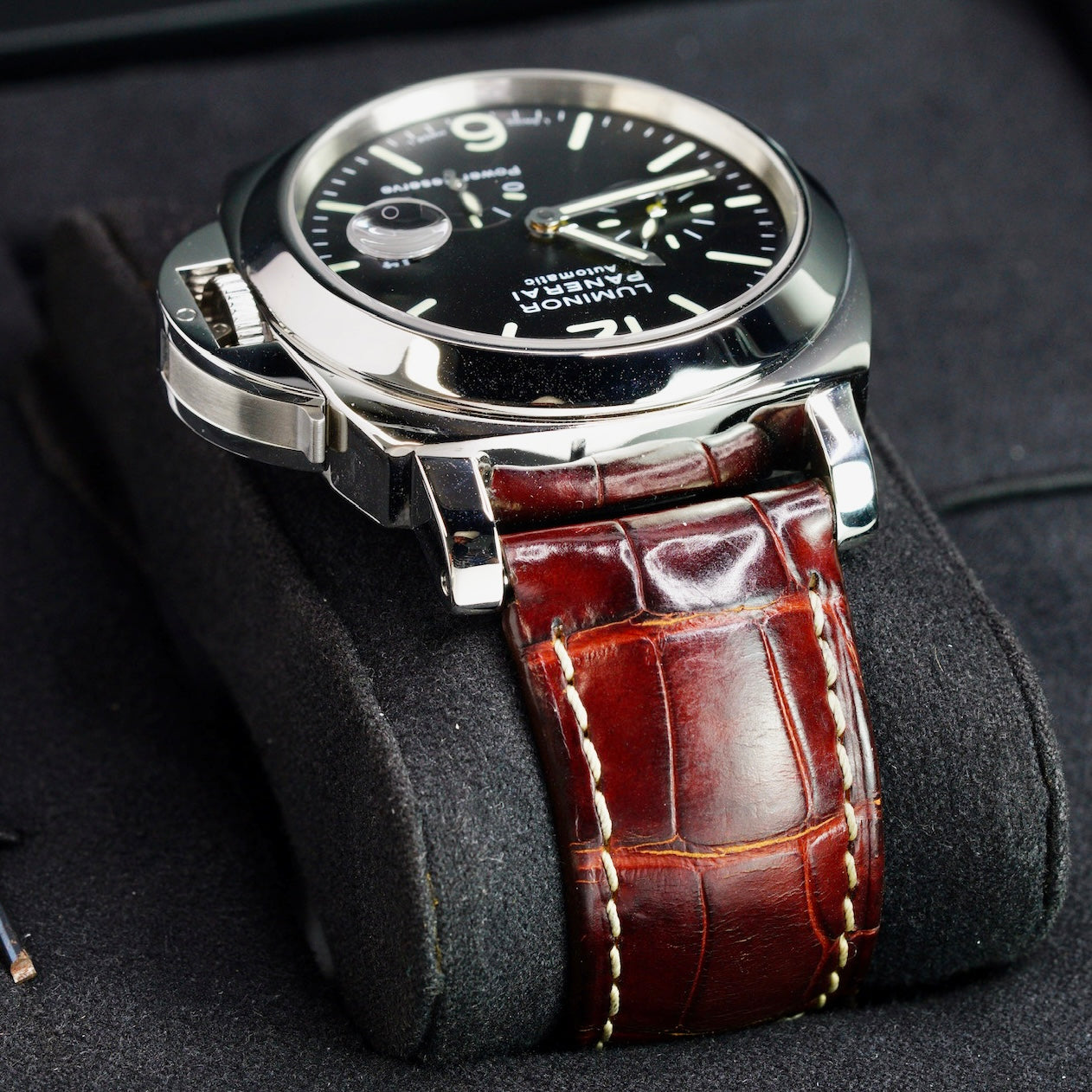 Panerai Luminor PAM 00090 Power Reserve Black Dial Stainless Steel Brown Leather Strap 44mm