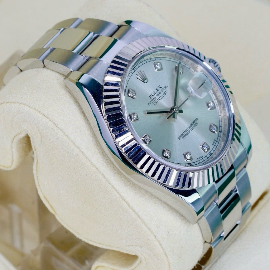 Rolex Datejust II 116334 Silver Diamond Dial Stainless Steel White Gold Bezel 41mm 2015