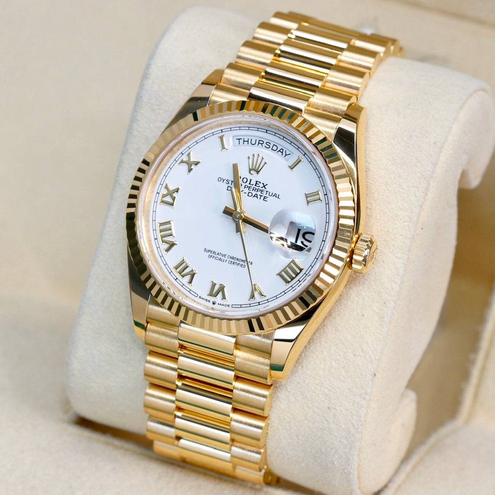 Rolex Day-Date 128238 White Roman Dial Yellow Gold President 36mm 2021