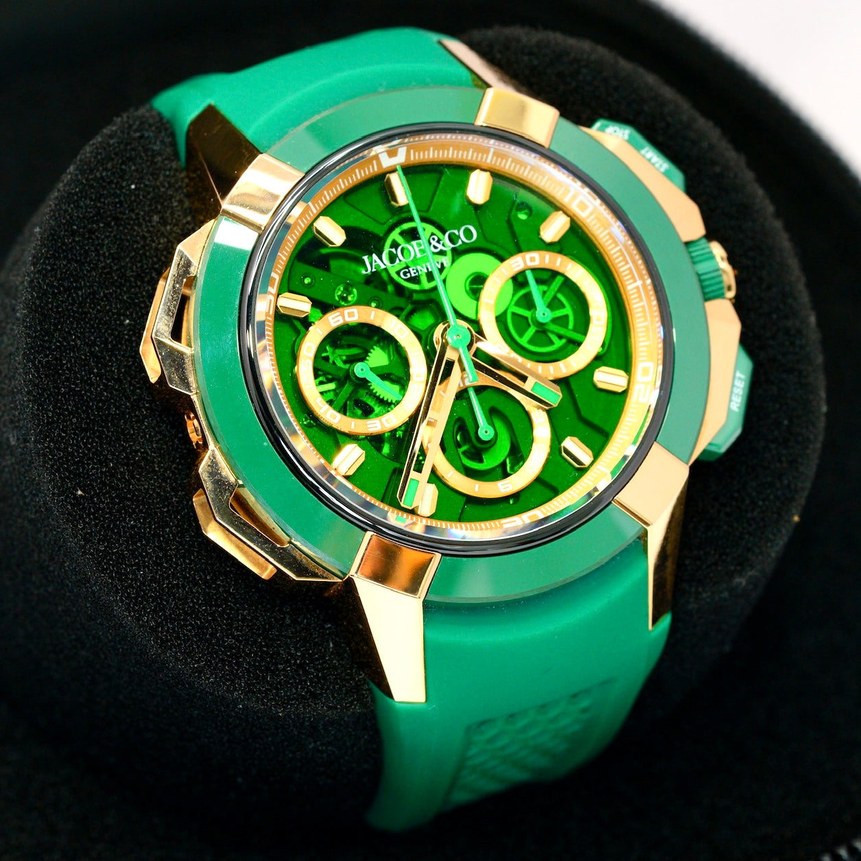Jacob & Co Epic X Chrono EC440.43.AD.AA.A Rose Gold & Green Ceramic Green Crystal