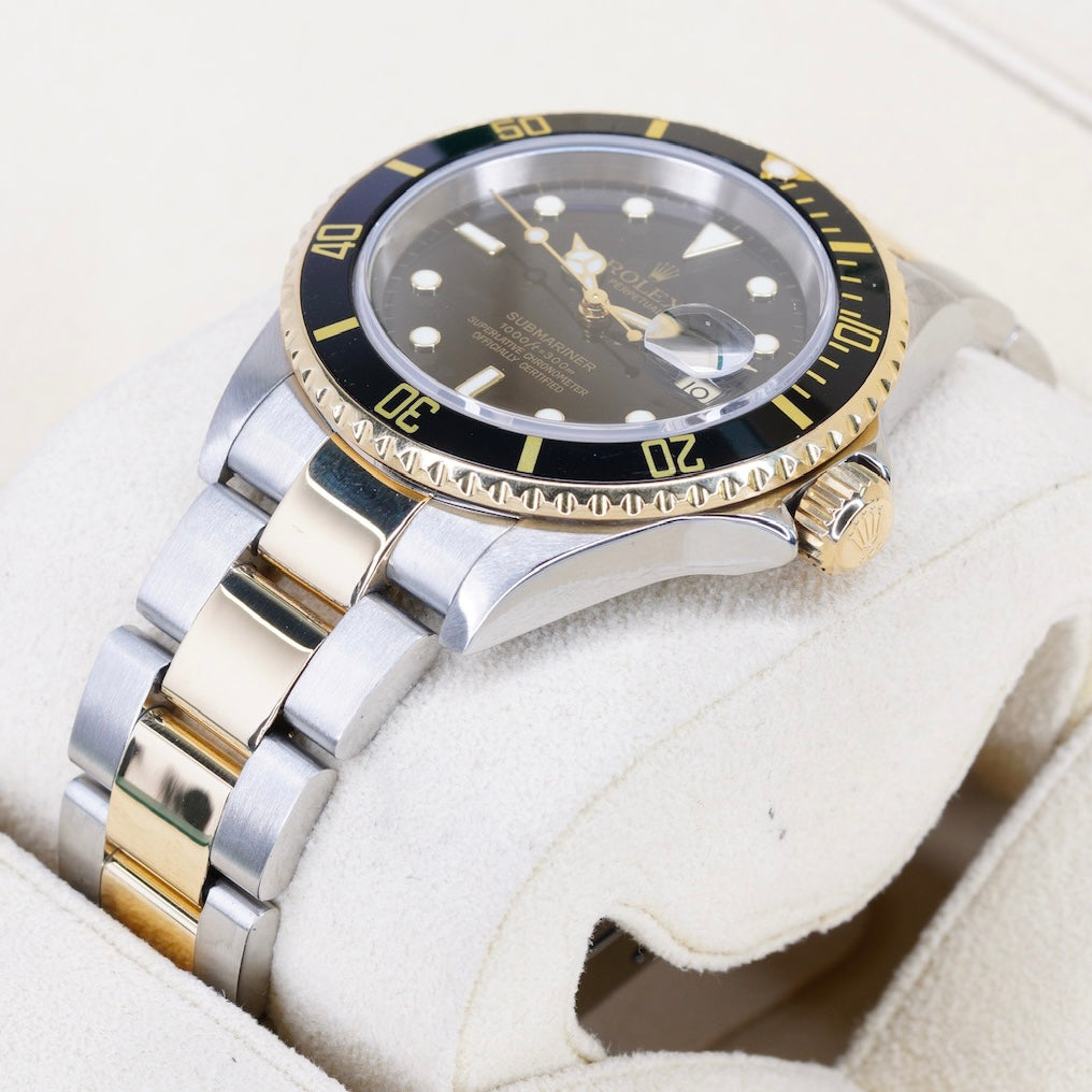 Rolex Submariner Date 16613 Black Dial Two-Tone Yellow Gold & Steel No Holes Gold Thru Buckle 40mm
