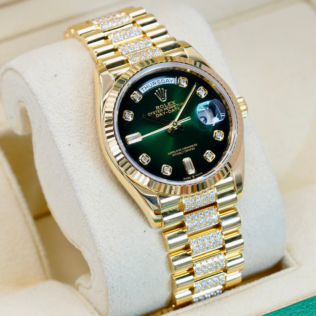 Rolex Day-Date 128238 Smoked Green Diamond Diam Yellow Gold Diamond President Bracelet 36mm 2022