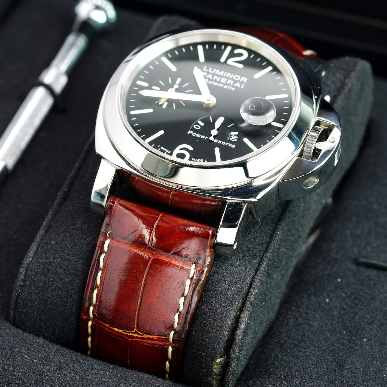 Panerai Luminor PAM 00090 Power Reserve Black Dial Stainless Steel Brown Leather Strap 44mm