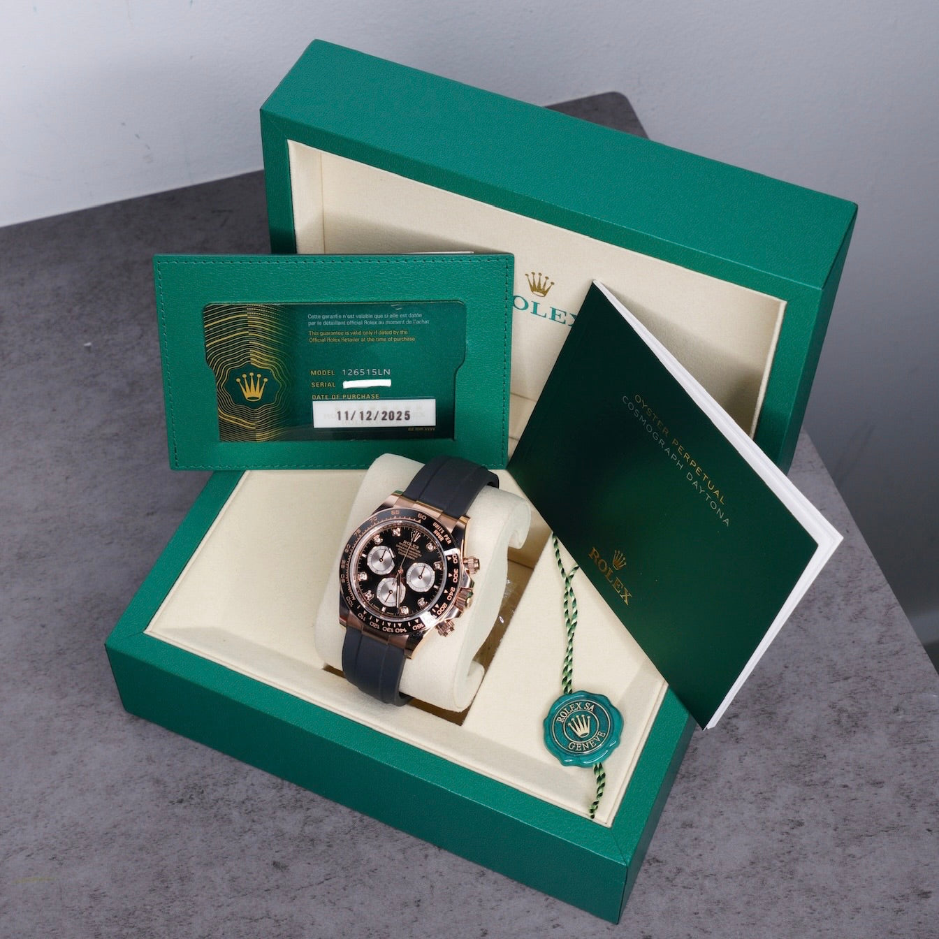 Rolex Daytona 126515LN Black Diamond Dial Rose Gold Oysterflex Cosmograph 40mm 2025