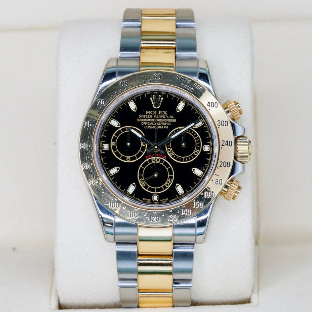 Rolex Daytona 116523 Black Dial Two-Tone Yellow Gold & Steel Fat Buckle 7 Digits Serial 40mm 2010