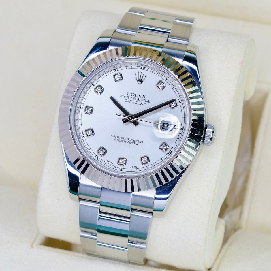 Rolex Datejust II 116334 Silver Diamond Dial Stainless Steel White Gold Bezel 41mm 2015