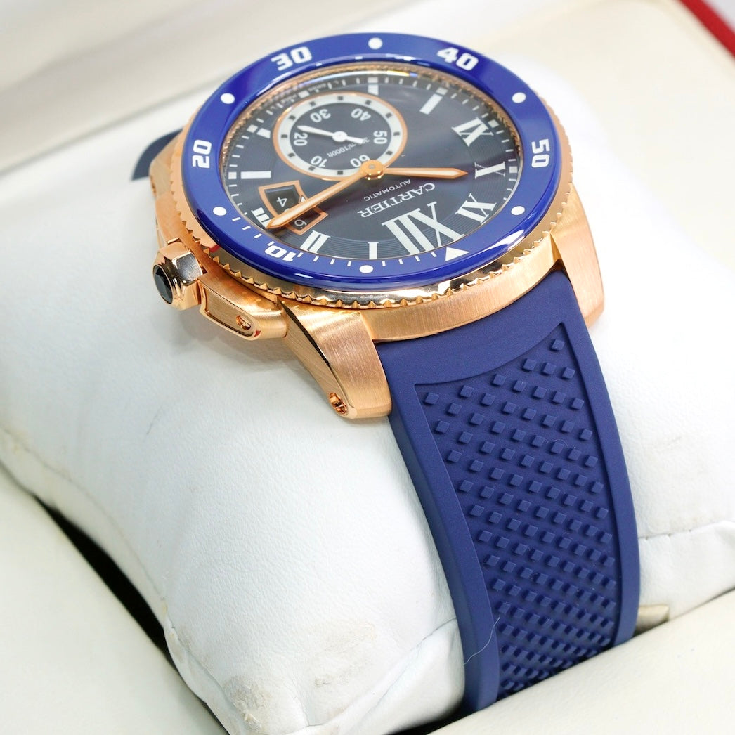 Cartier Calibre De Cartier WGCA0010 Rose Gold Blue Dial & Bezel Rubber Strap 42mm