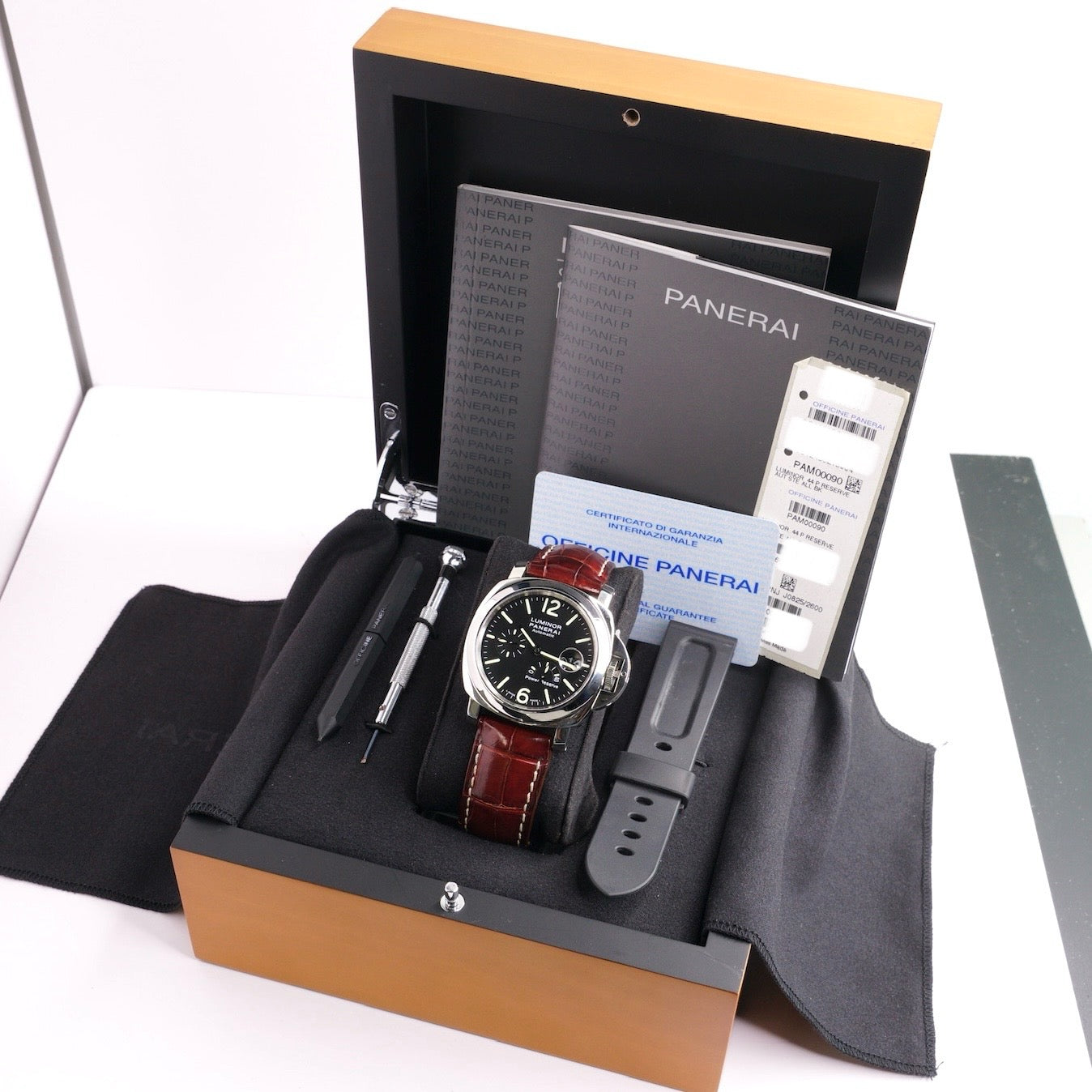 Panerai Luminor PAM 00090 Power Reserve Black Dial Stainless Steel Brown Leather Strap 44mm