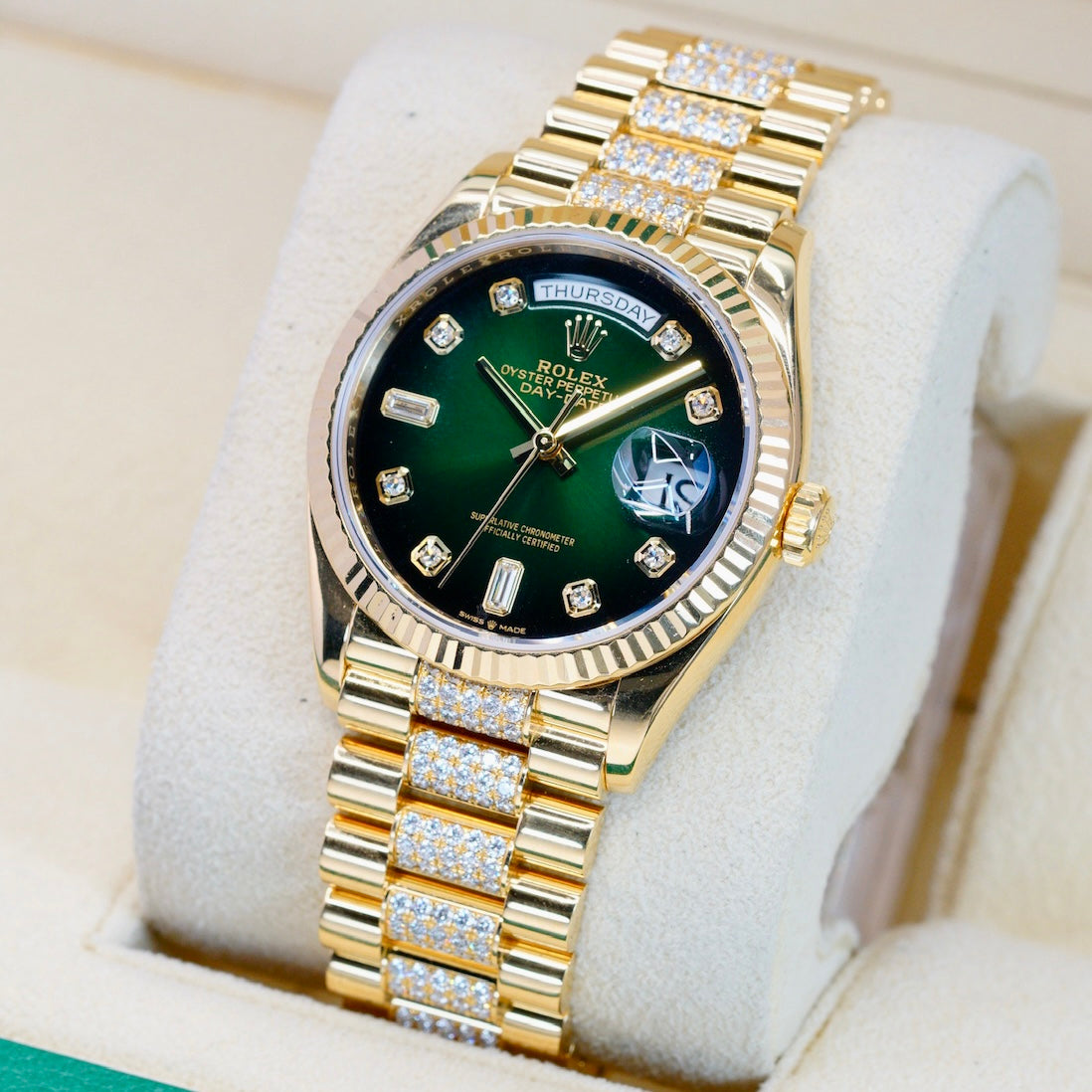 Rolex Day-Date 128238 Smoked Green Diamond Diam Yellow Gold Diamond President Bracelet 36mm 2022