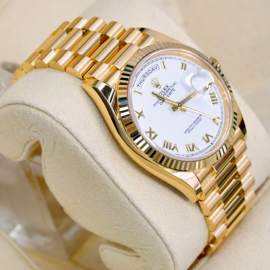 Rolex Day-Date 128238 White Roman Dial Yellow Gold President 36mm 2021