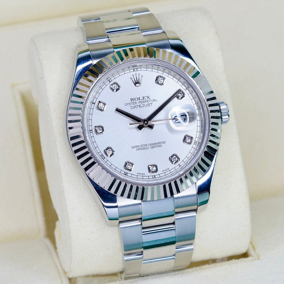 Rolex Datejust II 116334 Silver Diamond Dial Stainless Steel White Gold Bezel 41mm 2015