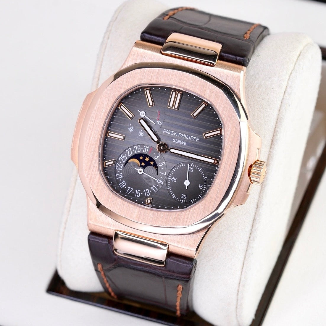 Patek Philippe Nautilus 5712R-001 Moon Phase Dial Rose Gold Leather Strap 2011