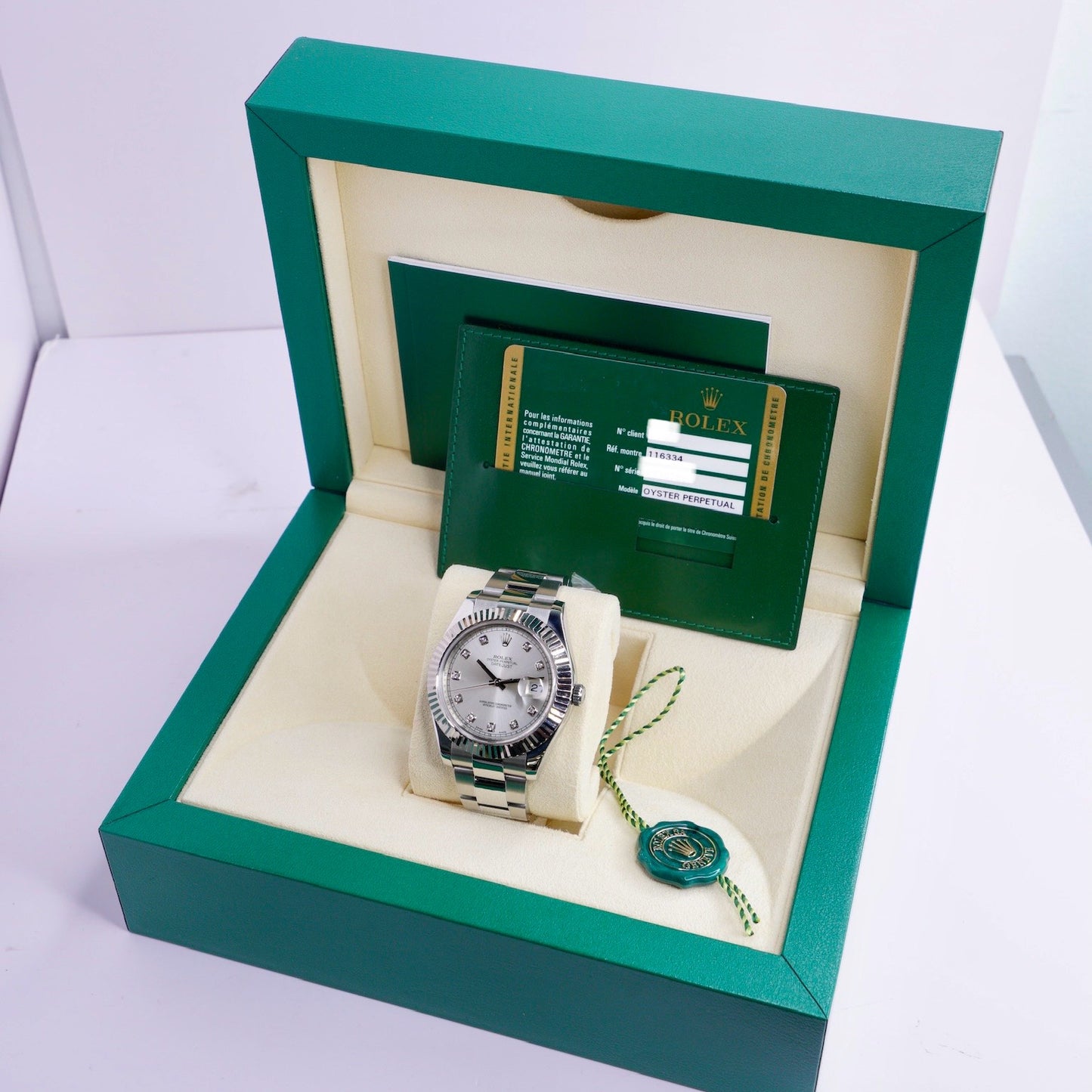 Rolex Datejust II 116334 Silver Diamond Dial Stainless Steel White Gold Bezel 41mm 2015