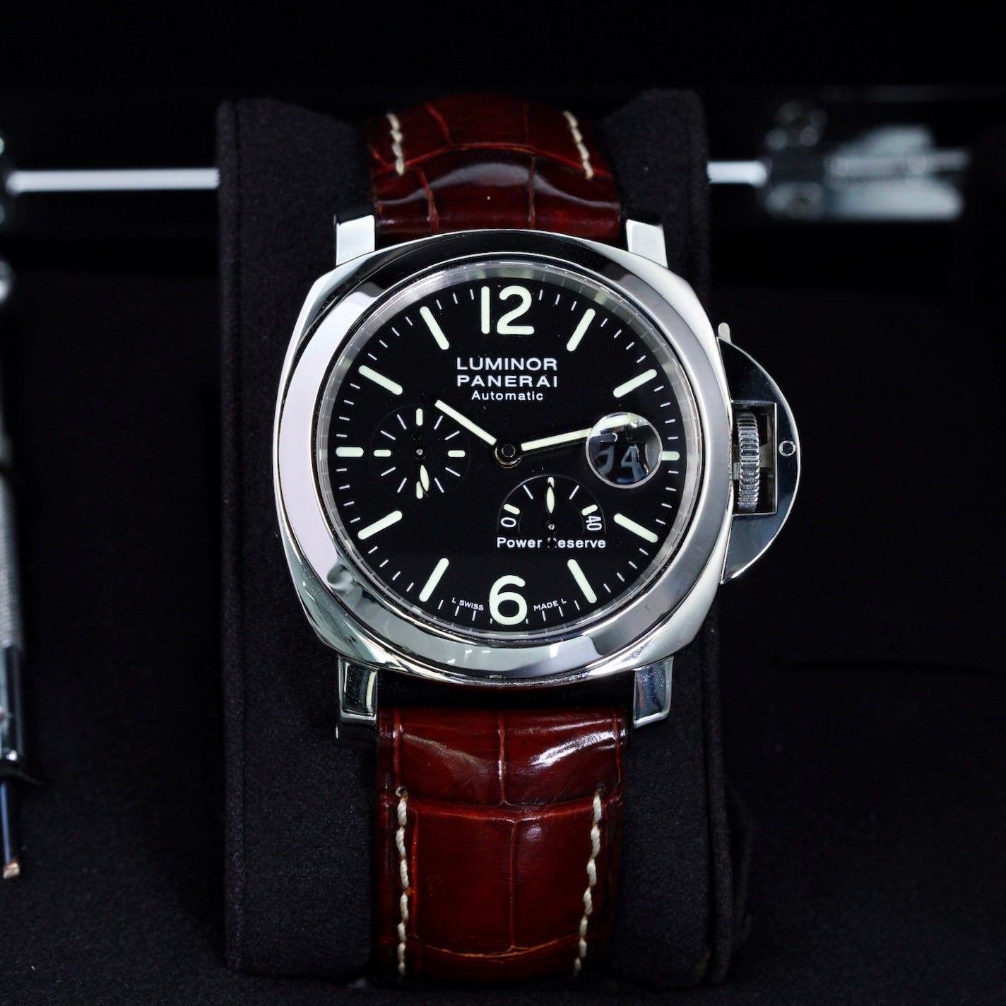 Panerai Luminor PAM 00090 Power Reserve Black Dial Stainless Steel Brown Leather Strap 44mm