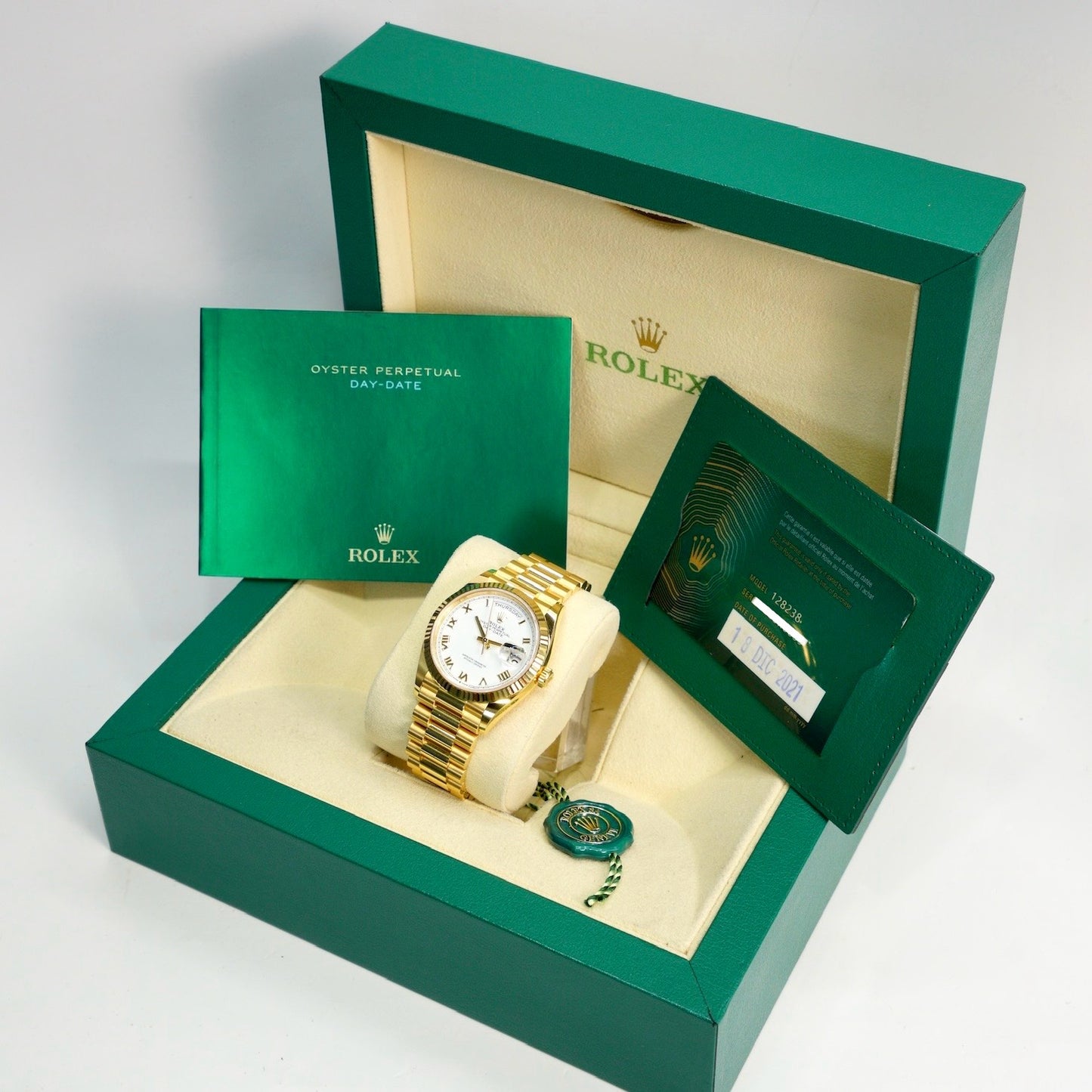 Rolex Day-Date 128238 White Roman Dial Yellow Gold President 36mm 2021