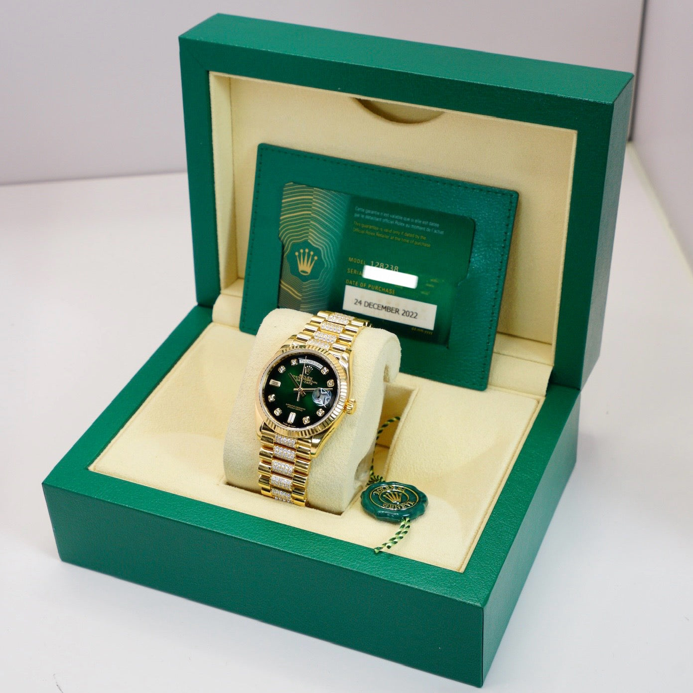 Rolex Day-Date 128238 Smoked Green Diamond Diam Yellow Gold Diamond President Bracelet 36mm 2022