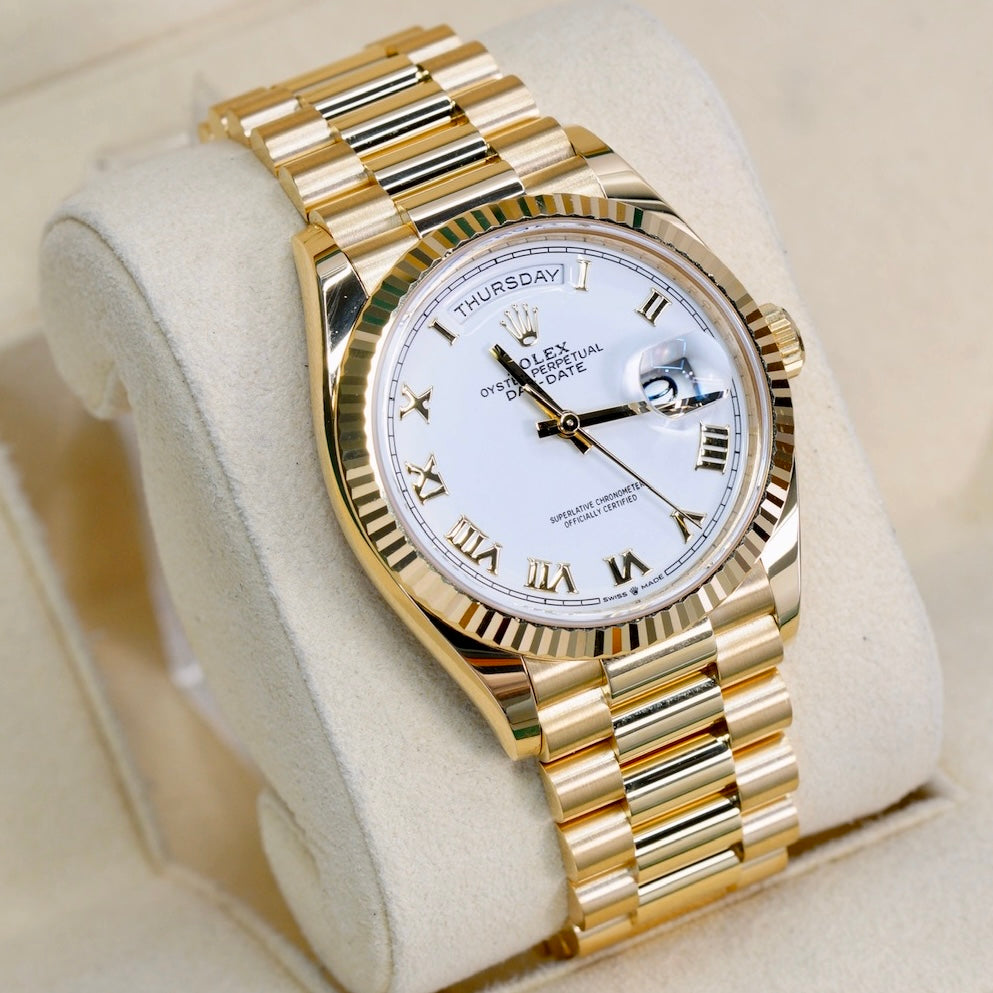 Rolex Day-Date 128238 White Roman Dial Yellow Gold President 36mm 2021