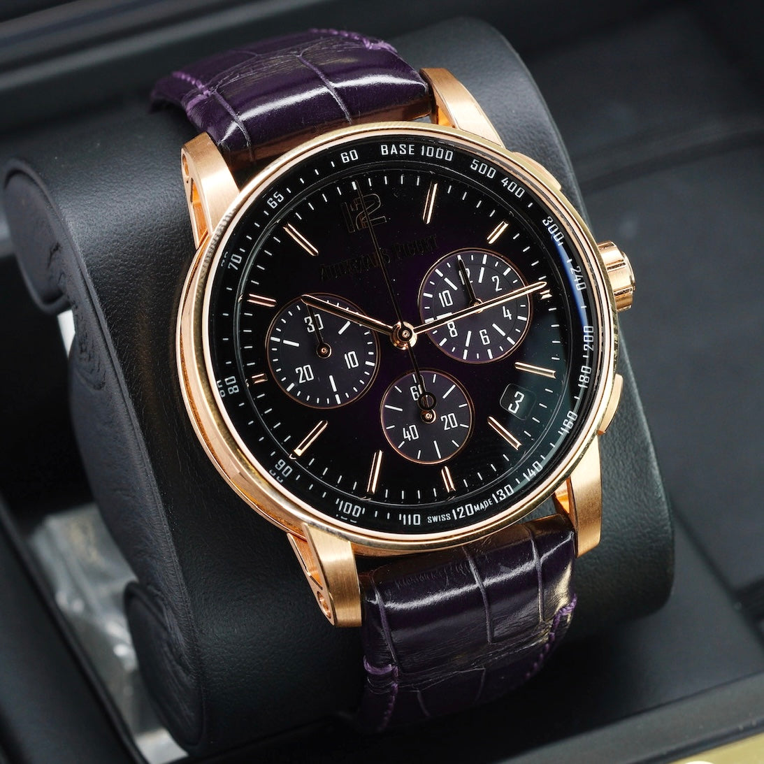 Audemars Piguet Code 11.59 26393OR.OO.A002KB.02 Smoked Lacquered Purple Dial Rose Gold Purple Leather Strap 41mm