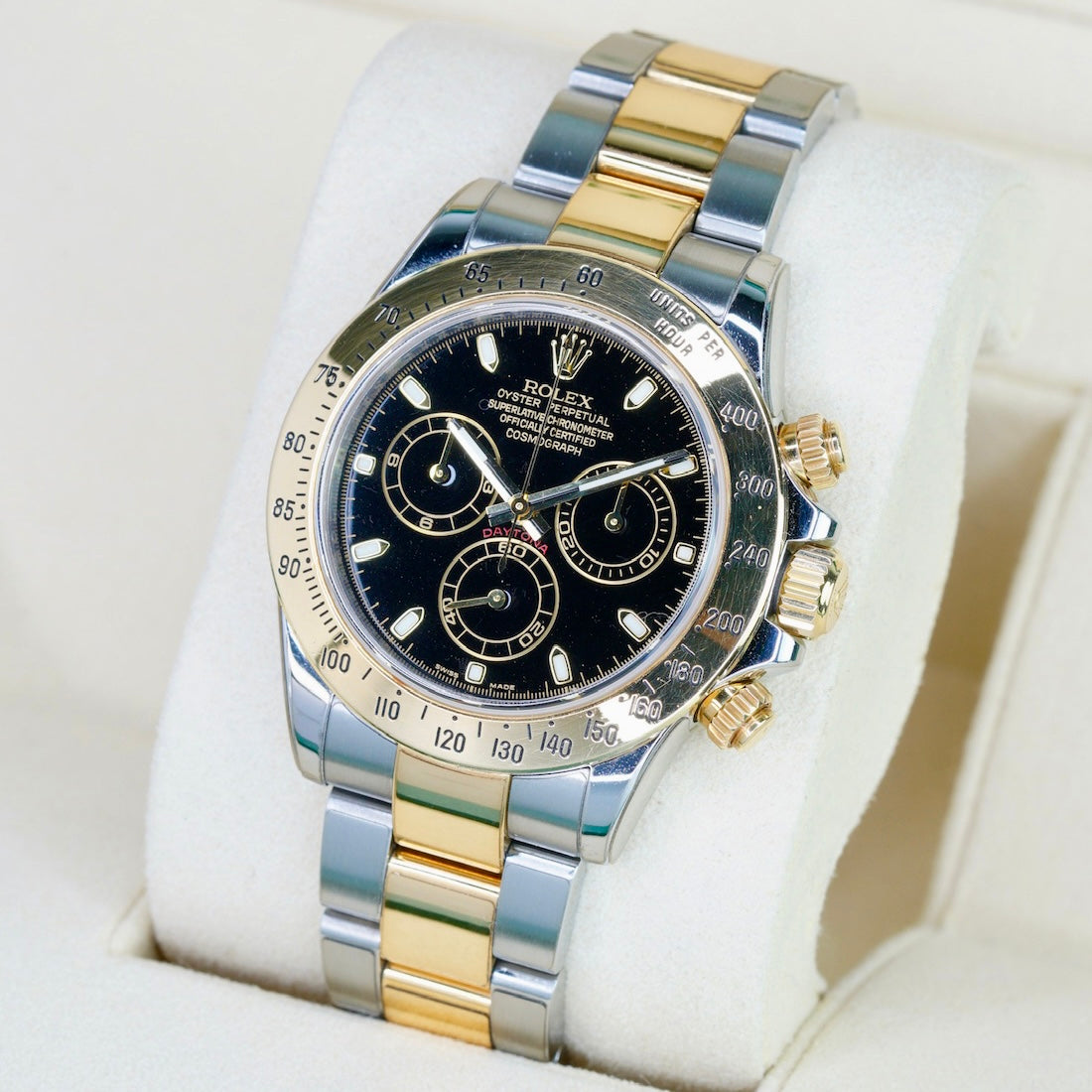 Rolex Daytona 116523 Black Dial Two-Tone Yellow Gold & Steel Fat Buckle 7 Digits Serial 40mm 2010