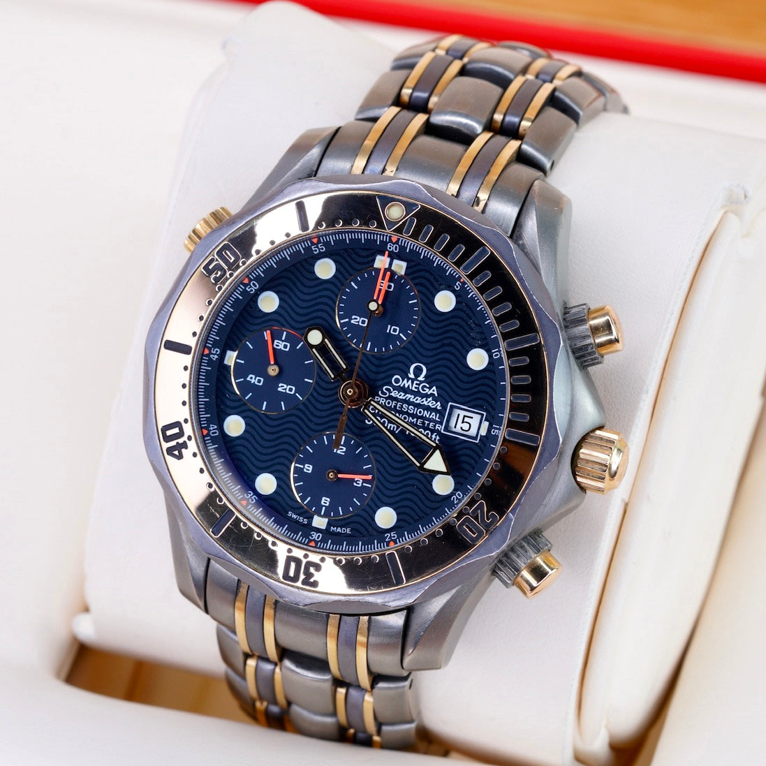 Omega Seamaster Diver 300M 2296.80.00 Blue Wave Dial Tridor Gold & Titanium & Tantalum Chronograph 42mm