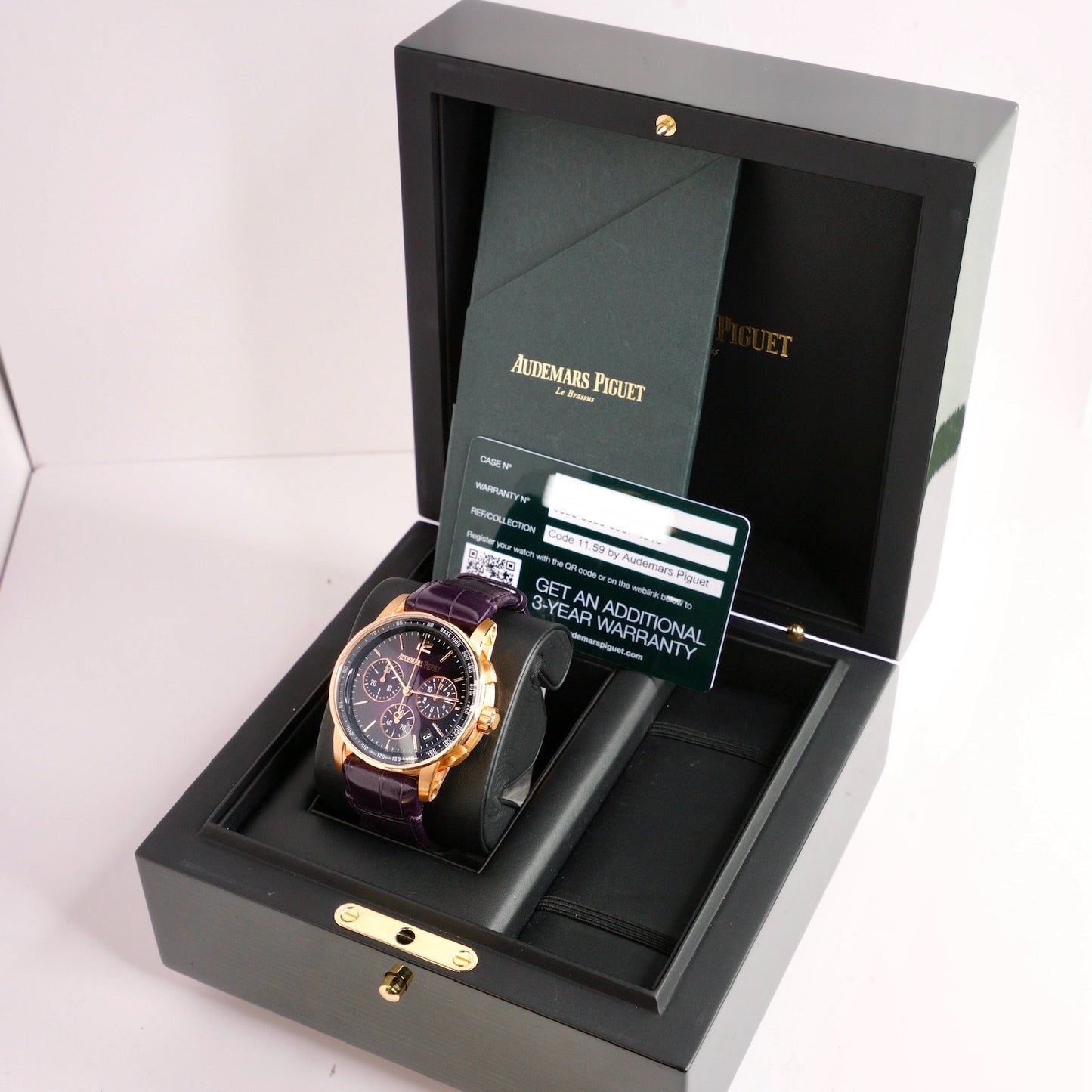 Audemars Piguet Code 11.59 26393OR.OO.A002KB.02 Smoked Lacquered Purple Dial Rose Gold Purple Leather Strap 41mm