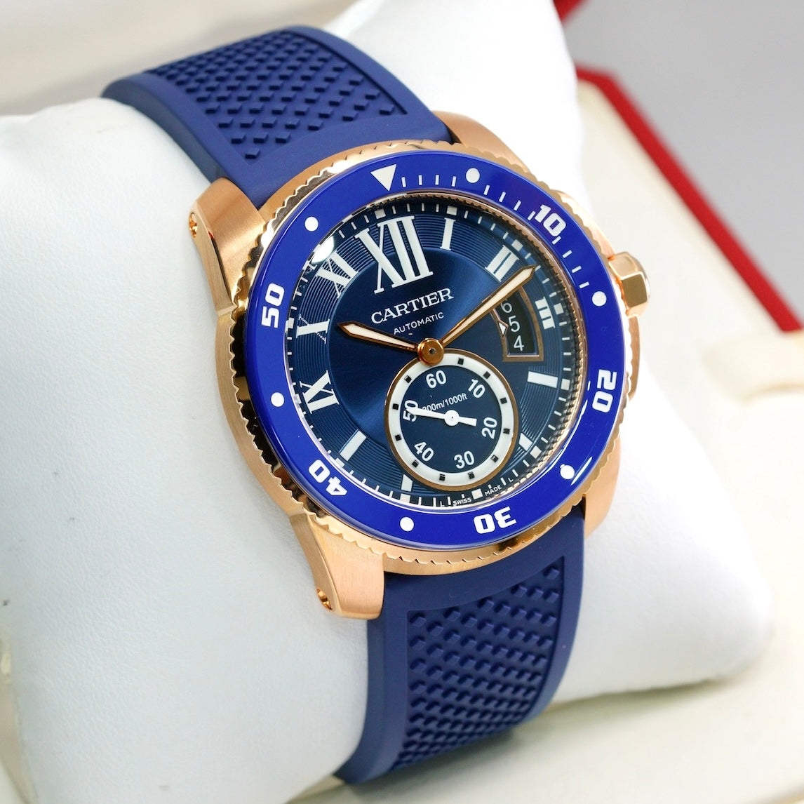 Cartier Calibre De Cartier WGCA0010 Rose Gold Blue Dial & Bezel Rubber Strap 42mm