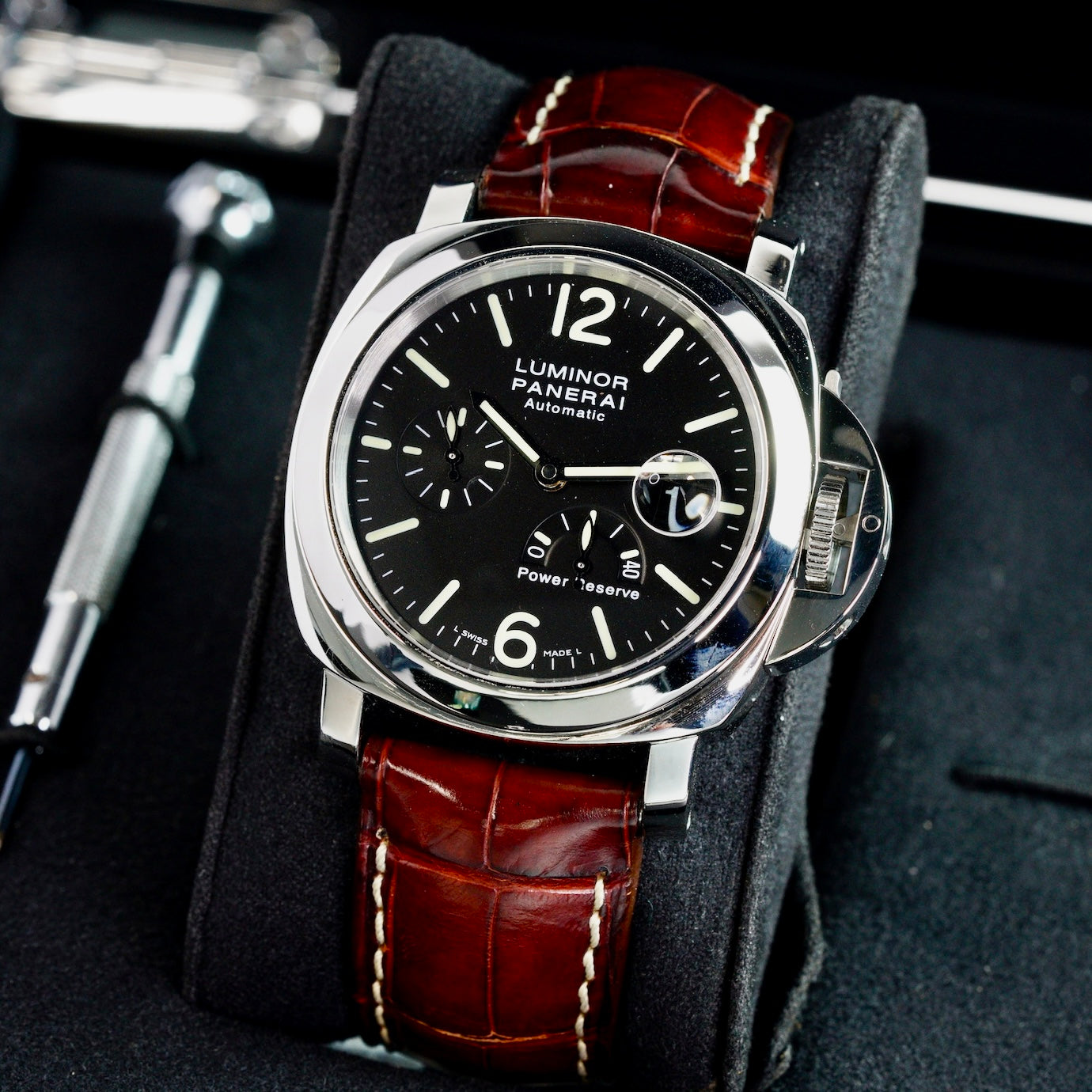 Panerai Luminor PAM 00090 Power Reserve Black Dial Stainless Steel Brown Leather Strap 44mm