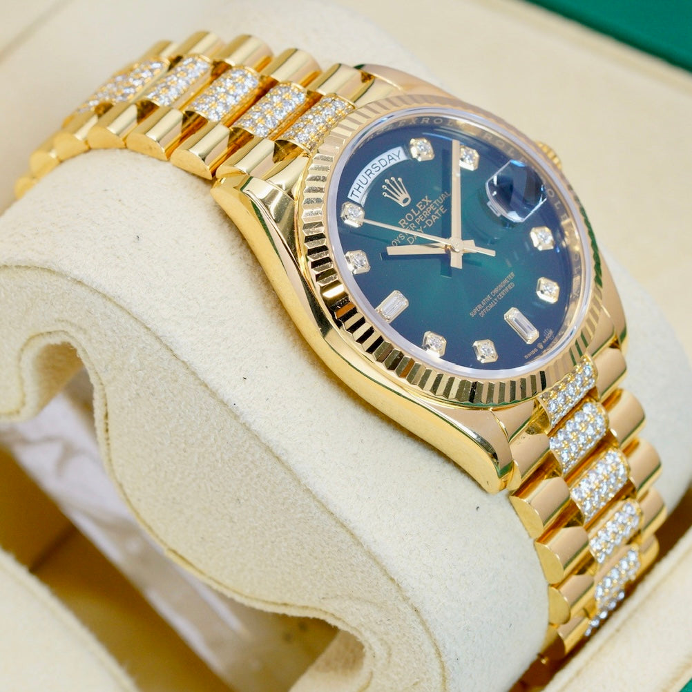 Rolex Day-Date 128238 Smoked Green Diamond Diam Yellow Gold Diamond President Bracelet 36mm 2022