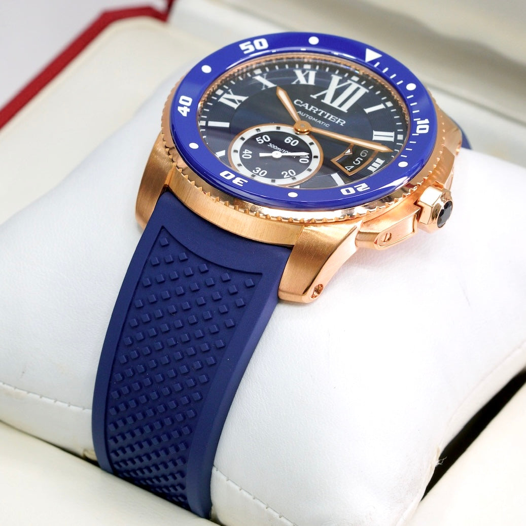 Cartier Calibre De Cartier WGCA0010 Rose Gold Blue Dial & Bezel Rubber Strap 42mm