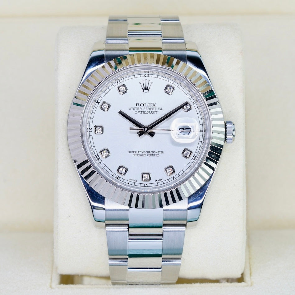 Rolex Datejust II 116334 Silver Diamond Dial Stainless Steel White Gold Bezel 41mm 2015
