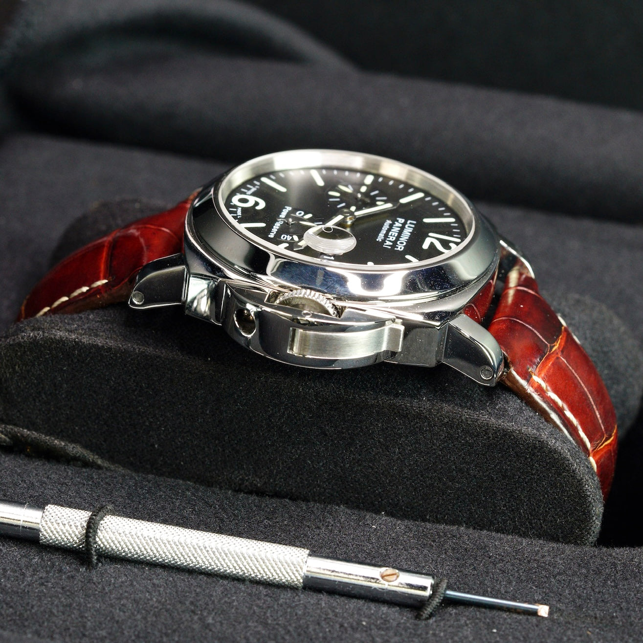 Panerai Luminor PAM 00090 Power Reserve Black Dial Stainless Steel Brown Leather Strap 44mm