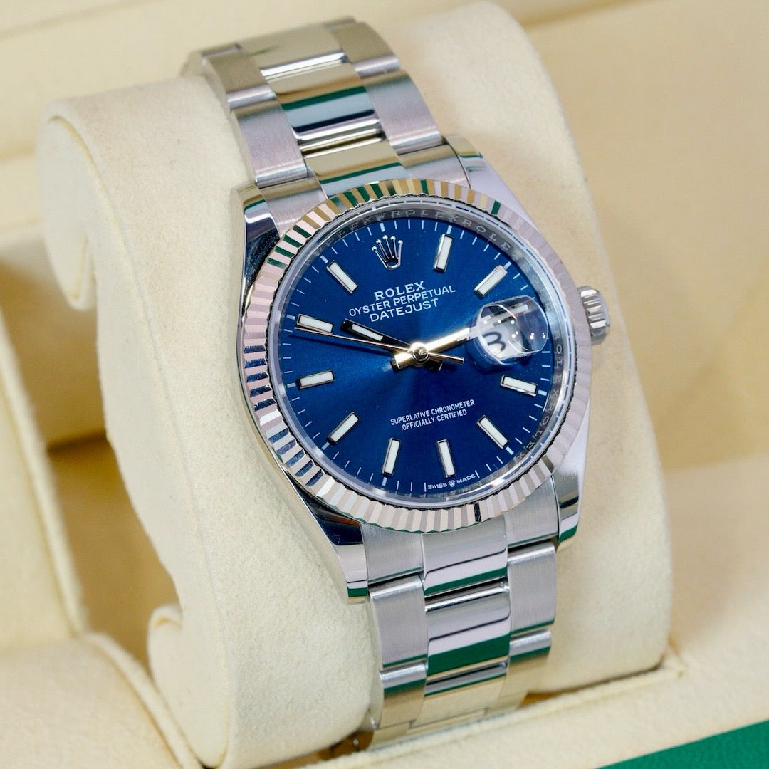 Rolex Datejust 126234 Blue Dial White Gold Bezel Stainless Steel Oyster 36mm 2023