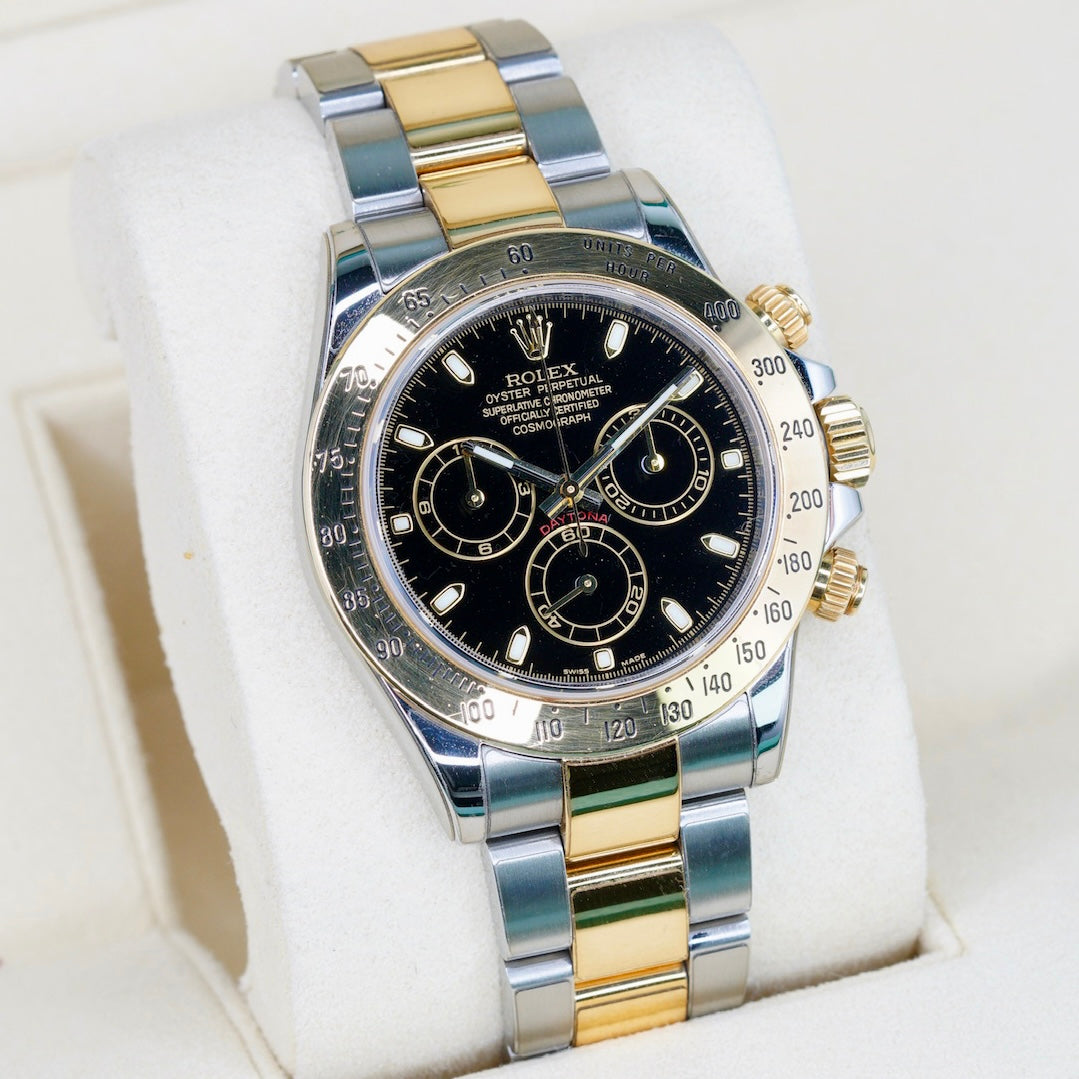 Rolex Daytona 116523 Black Dial Two-Tone Yellow Gold & Steel Fat Buckle 7 Digits Serial 40mm 2010