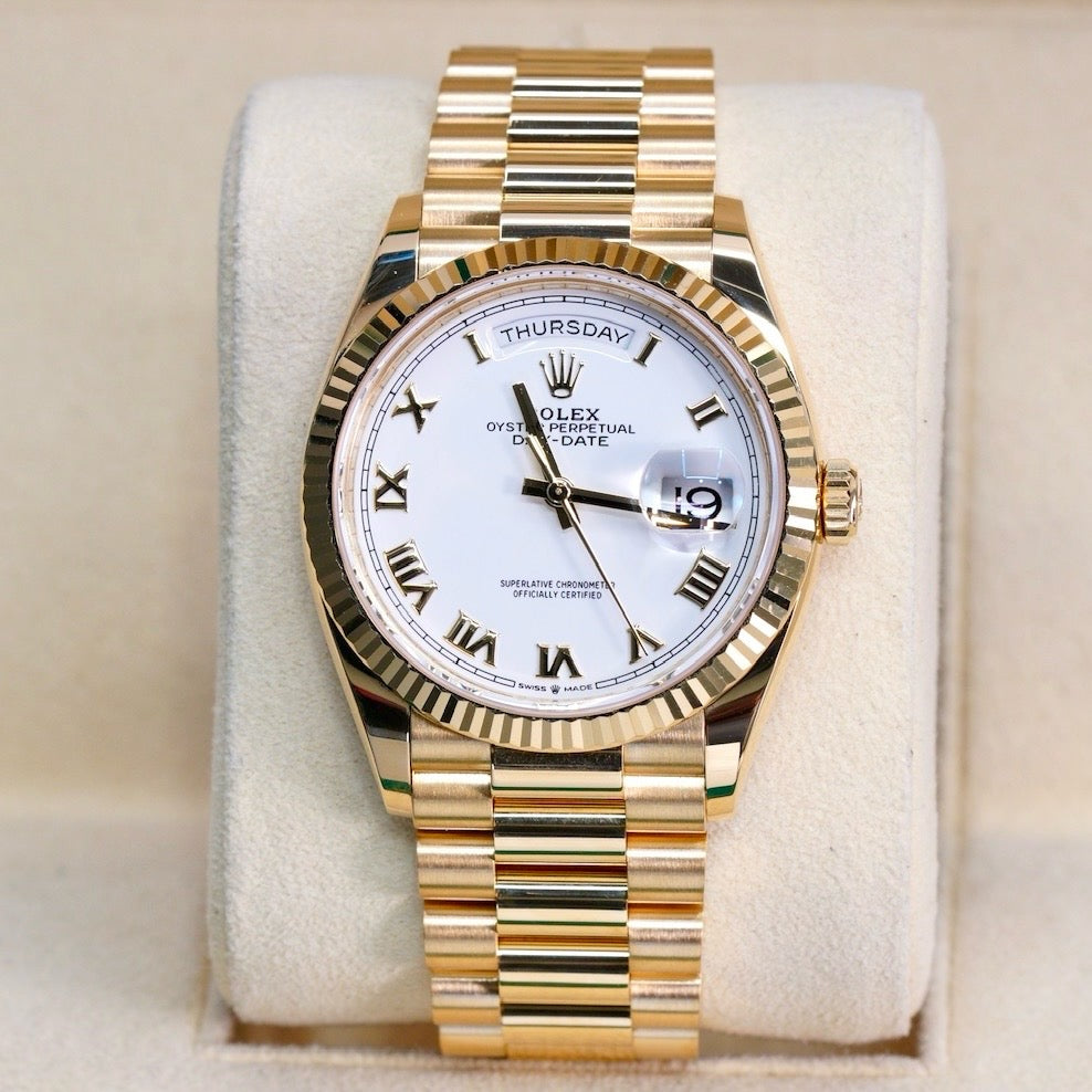 Rolex Day-Date 128238 White Roman Dial Yellow Gold President 36mm 2021