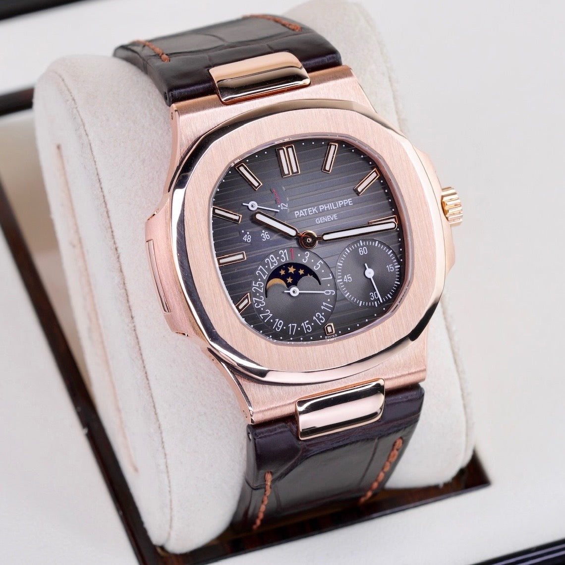 Patek Philippe Nautilus 5712R-001 Moon Phase Dial Rose Gold Leather Strap 2011