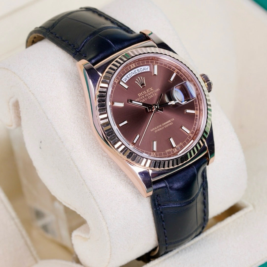 Rolex Day-Date 118135 “CHOCOLATE” Brown Dial Rose Gold Leather Strap 36mm