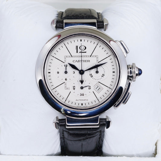 Cartier Pasha W3108555 White Dial XL Chronograph Leather Strap 42mm