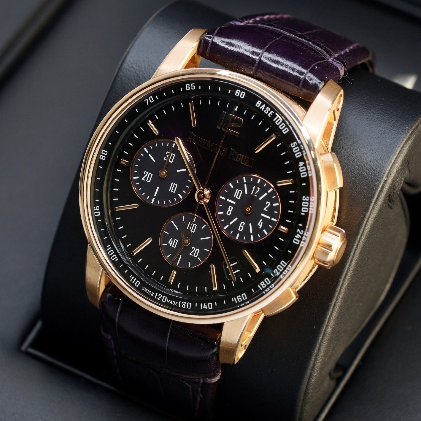 Audemars Piguet Code 11.59 26393OR.OO.A002KB.02 Smoked Lacquered Purple Dial  Rose Gold Purple Leather Strap 41mm