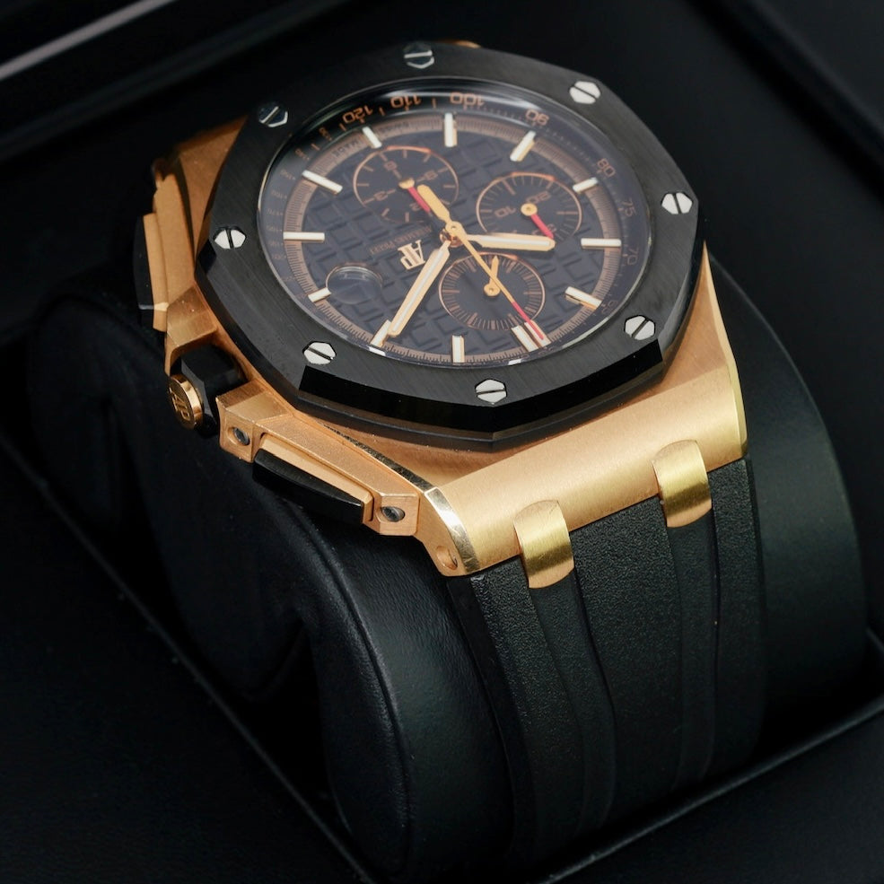 Audemars Piguet Royal Oak Offshore 26401RO.OO.A002CA.02 Black Dial Black Subdials Rose Gold Rubber Strap Chronograph 44mm