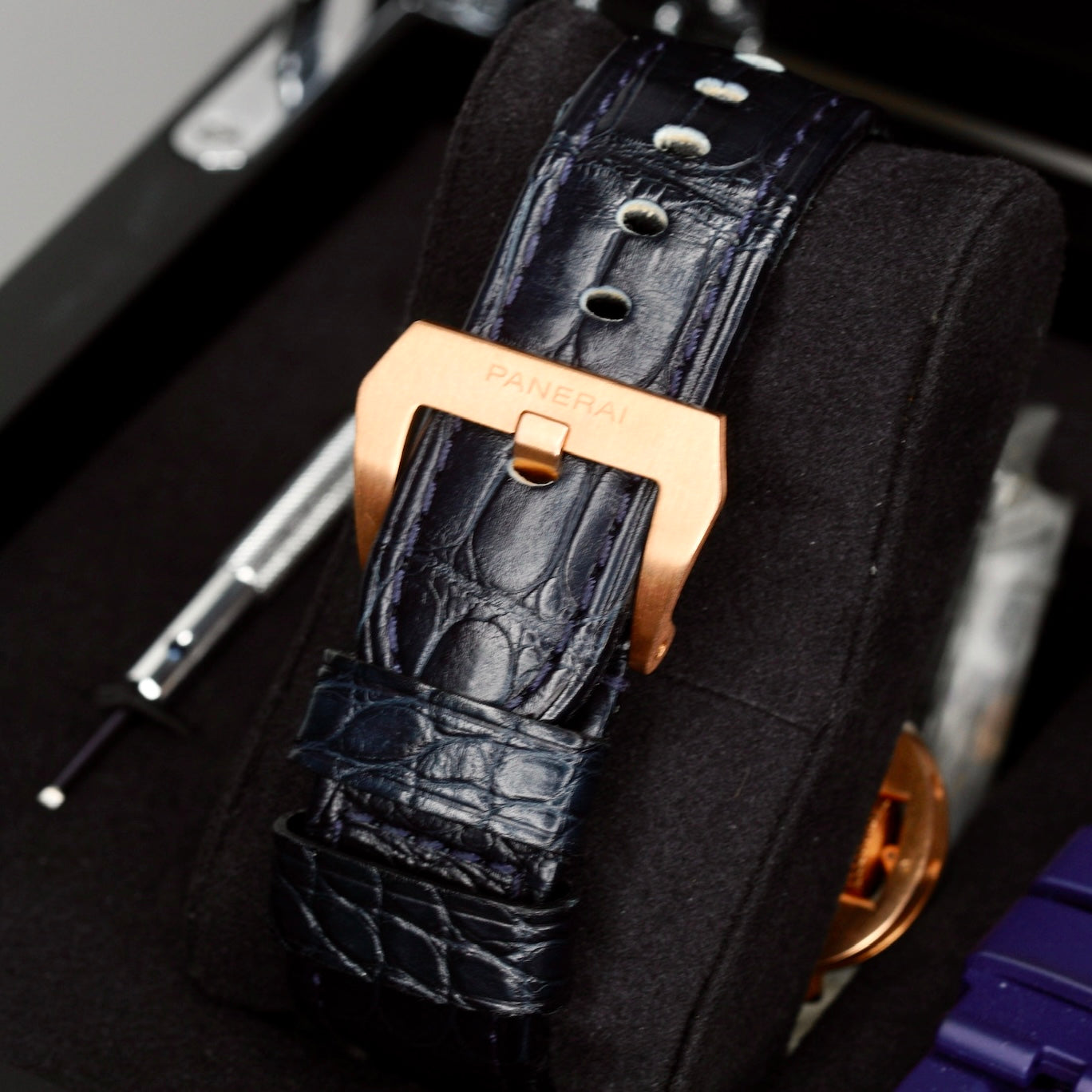 Panerai Luminor PAM 01111 Blue Dial Rose Gold Blue Leather Strap 44mm