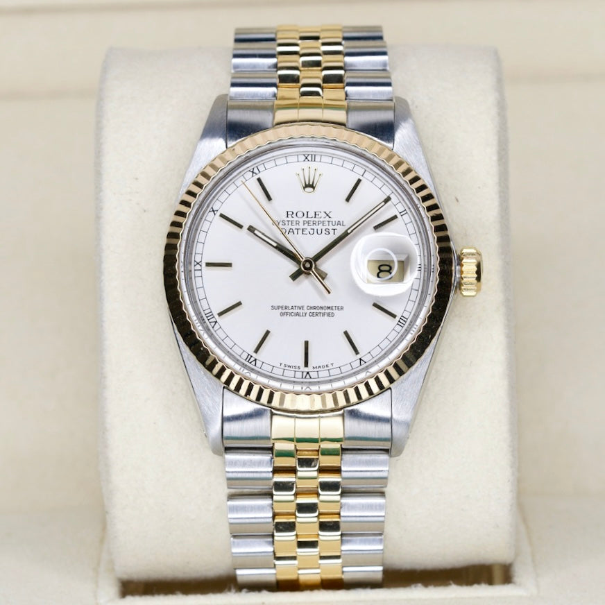 Rolex Datejust 16233 Silver Stick Dial Two-Tone Yellow Gold & Steel 36mm
