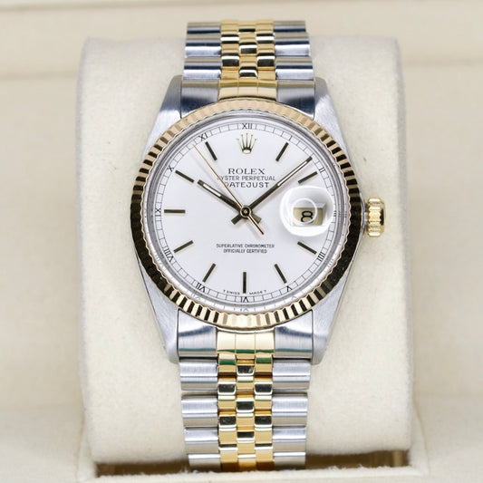 Rolex Datejust 16233 Silver Stick Dial Two-Tone Yellow Gold & Steel 36mm