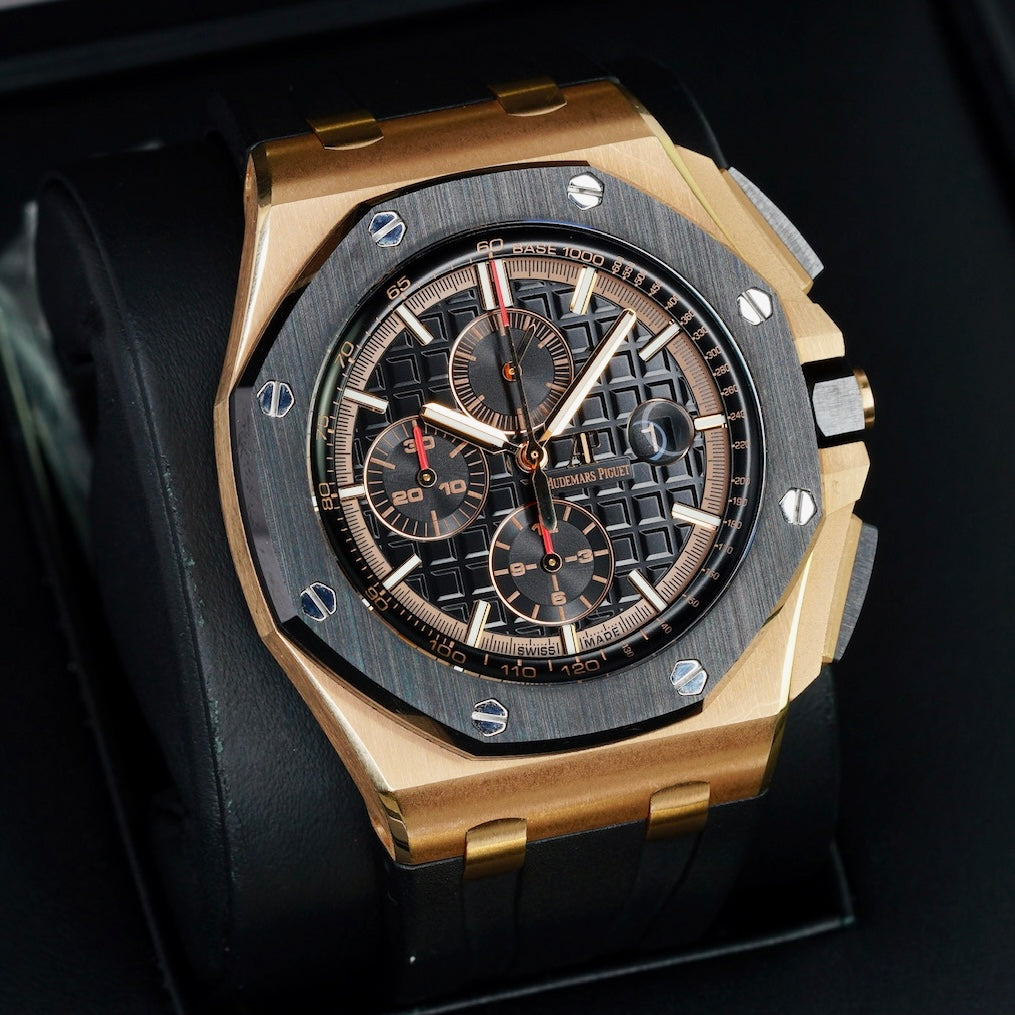 Audemars Piguet Royal Oak Offshore 26401RO.OO.A002CA.02 Black Dial Black Subdials Rose Gold Rubber Strap Chronograph 44mm