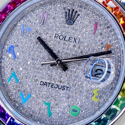 Rolex Datejust 126300 “AM ARABIC RAINBOW” Aftermarket Diamond Arabic Dial Aftermarket Rainbow Bezel Stainless Steel Jubilee 41mm