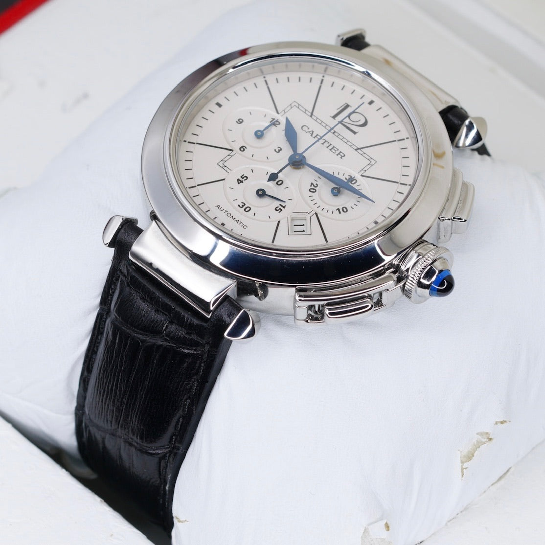 Cartier Pasha W3108555 White Dial XL Chronograph Leather Strap 42mm