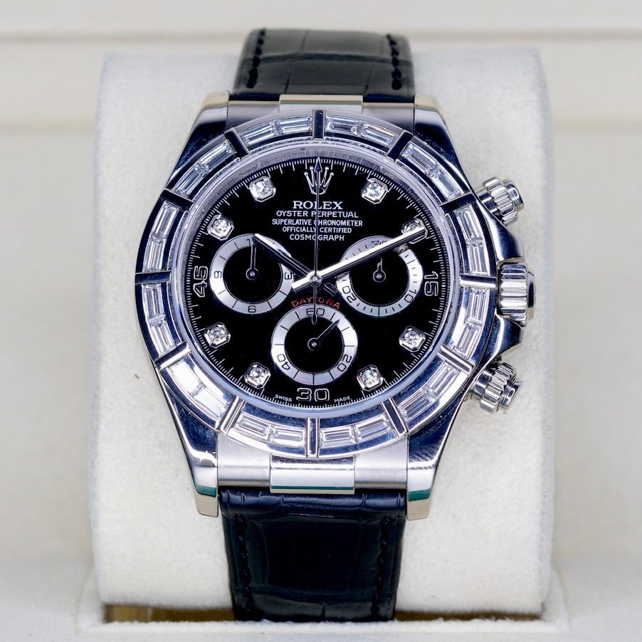 Rolex Daytona 116589BR “BAGUETTES” Black Diamond Dial Baguettes Bezel White Gold Leather Strap 40mm