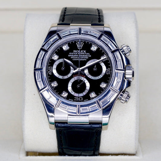 Rolex Daytona 116589BR “BAGUETTES” Black Diamond Dial Baguettes Bezel White Gold Leather Strap 40mm