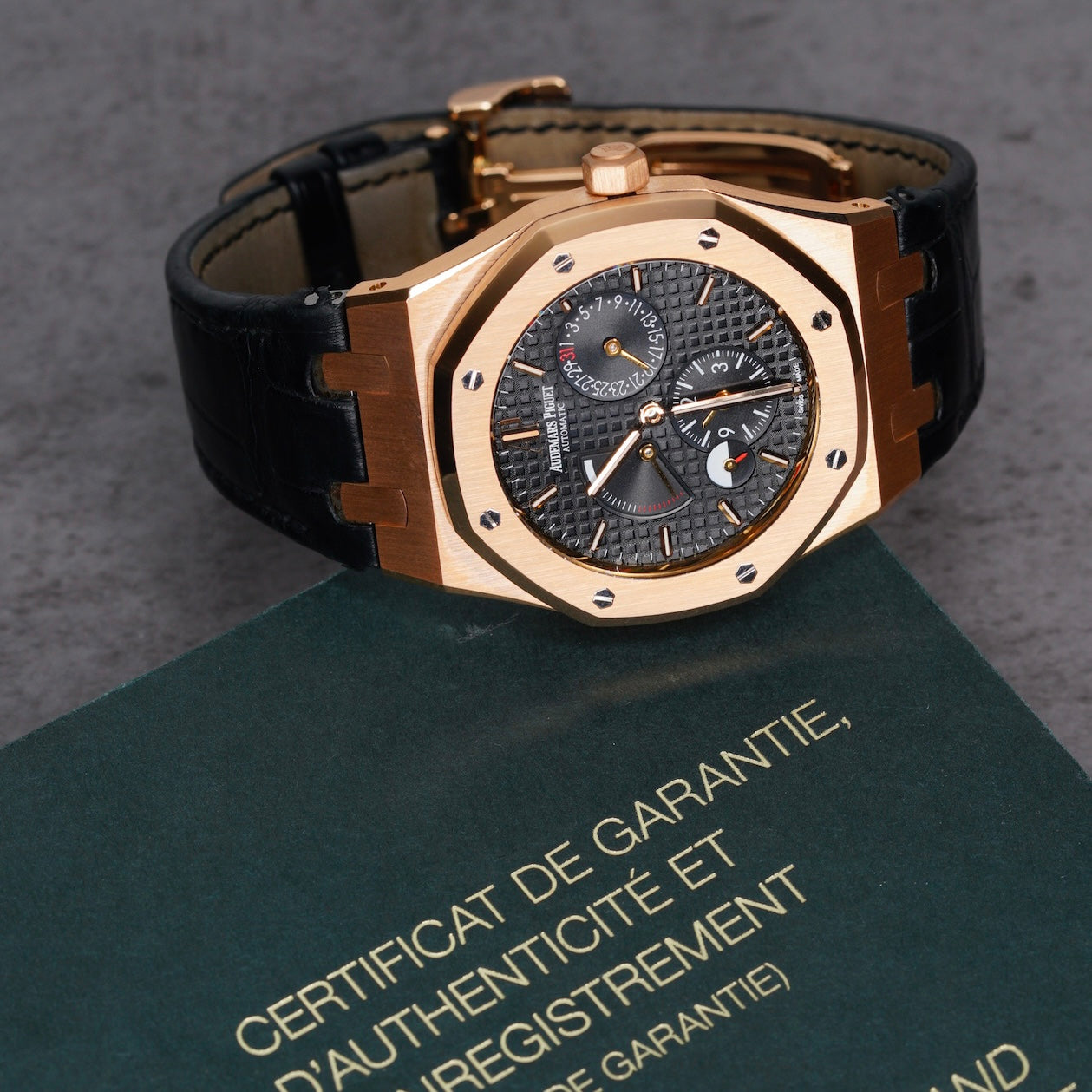 Audemars Piguet Royal Oak 26120OR.OO.D002CR.01 “DUAL TIME” Black Dial Rose Gold Leather Strap 39mm 2016