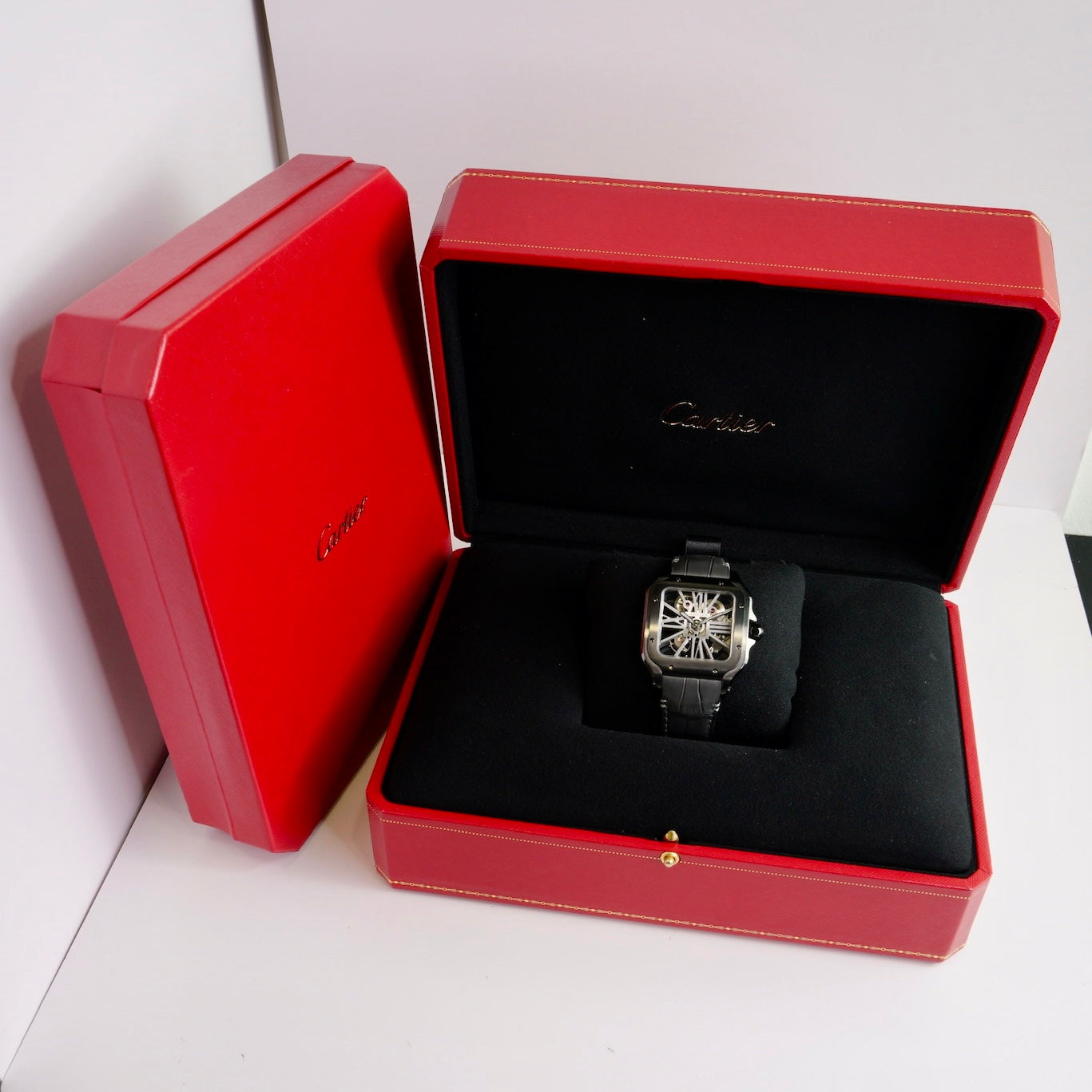 Cartier NEW OLD STOCK Santos De Cartier WHSA0009 Skeleton Black Stainless Steel Leather Strap 39.8mm 2020